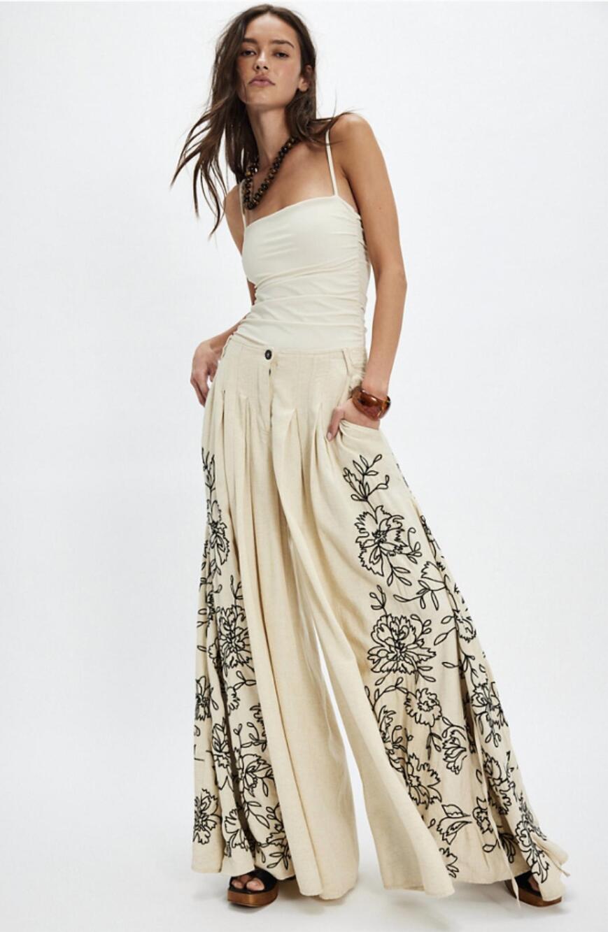 Free People What You Know Cream Wide-Leg Embroidered Palazzo Pants